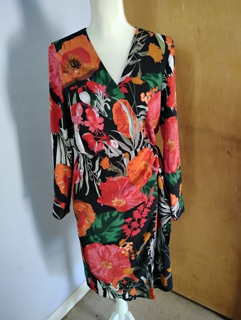 Gibson Latimer Vibrant Tropical Floral Print Long Sleeve Wrap Boho Dress Size S